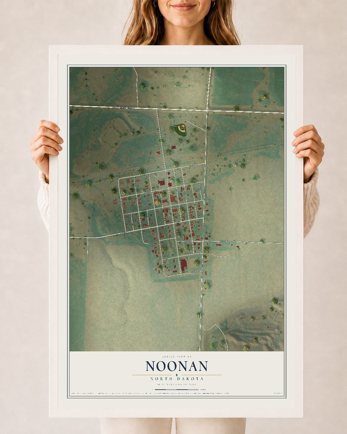 Map of Noonan, North Dakota, 24 x 36 inch print in a white wood frame