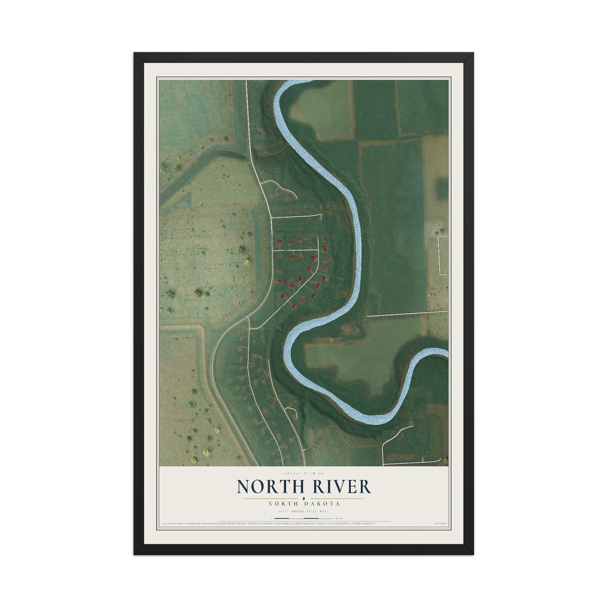Map of North River, North Dakota, 12 x 18 inch print in a black wood frame