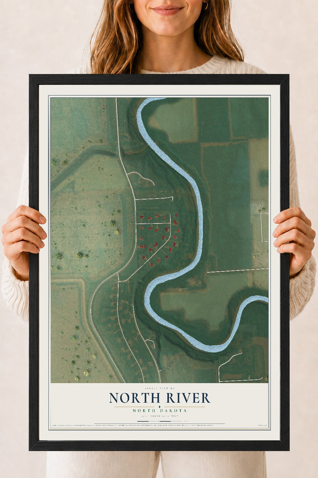 Map of North River, North Dakota, 18 x 24 inch print in a black wood frame