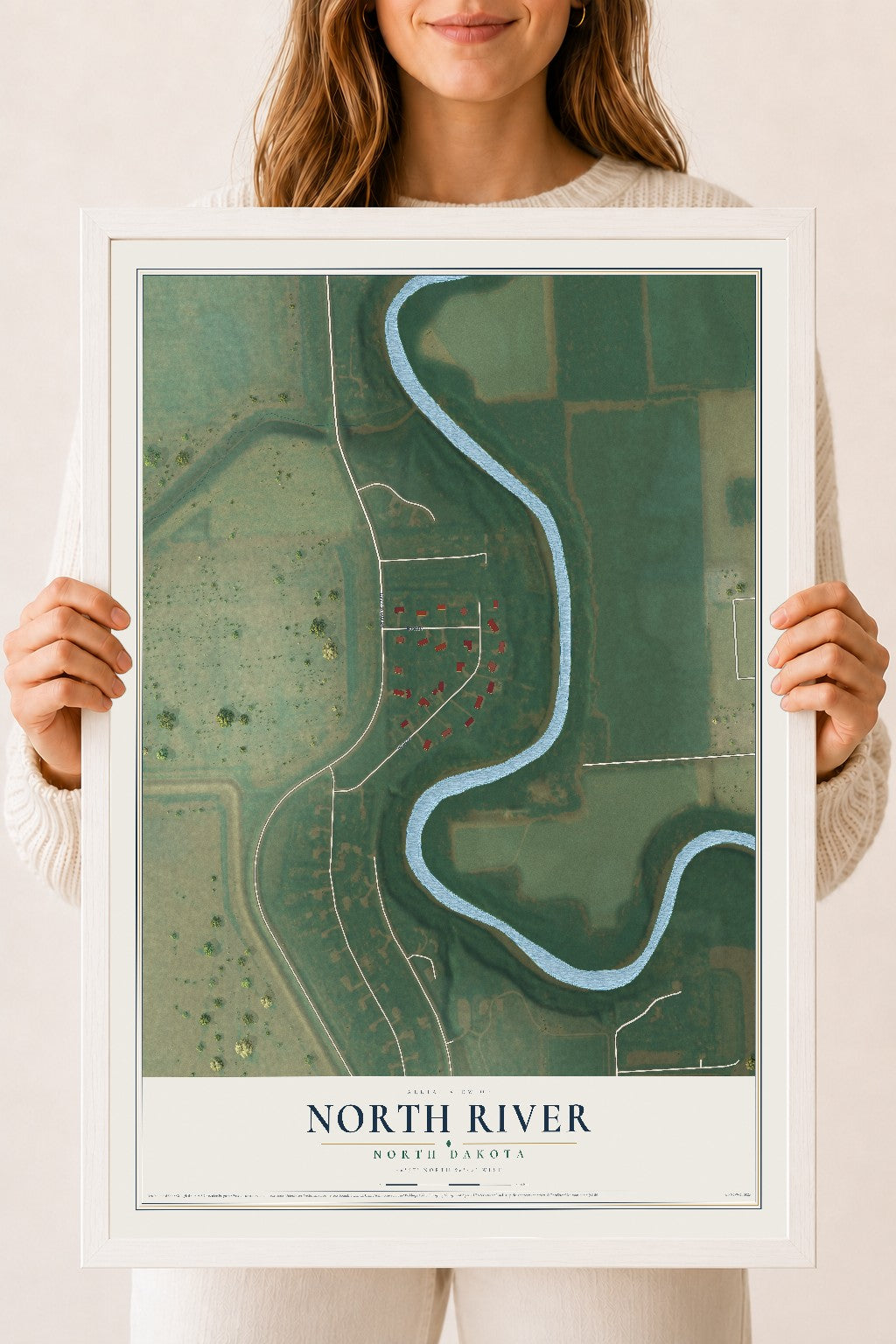 Map of North River, North Dakota, 18 x 24 inch print in a white wood frame