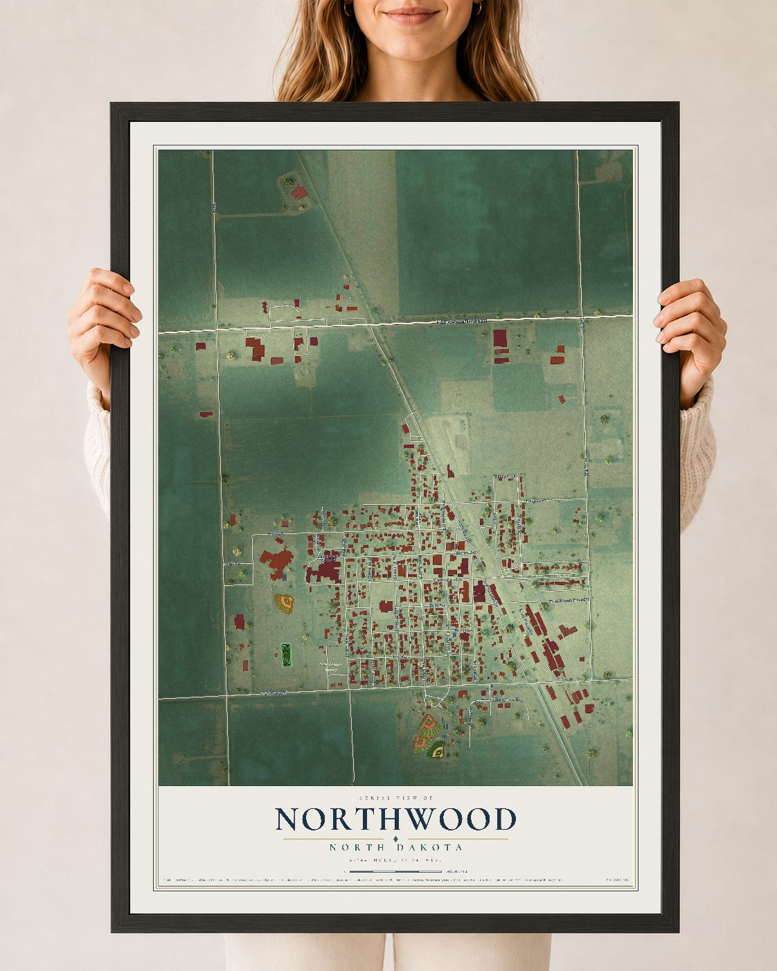 Map of Northwood, North Dakota, 24 x 36 inch print in a black wood frame