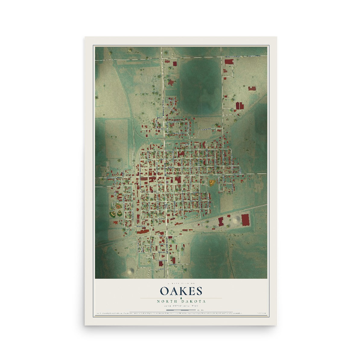 Map of Oakes, North Dakota, 12 x 18 inch unframed archival matte print