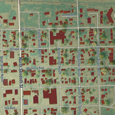 Close-up of the map of Oakes, North Dakota print showing street and building detail