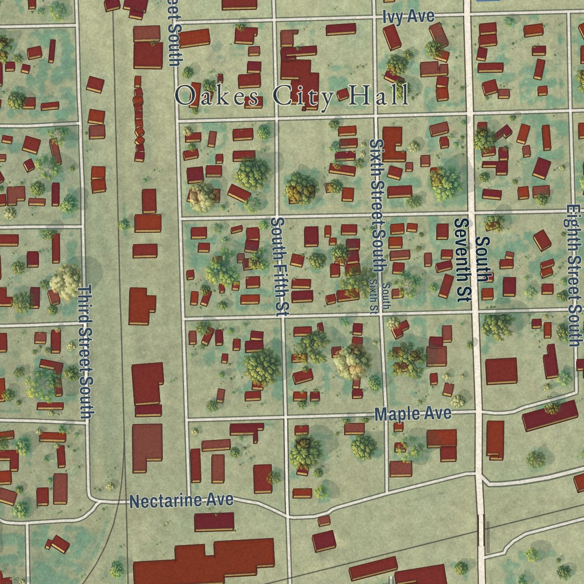 Second close-up of the map of Oakes, North Dakota print showing more streets and buildings