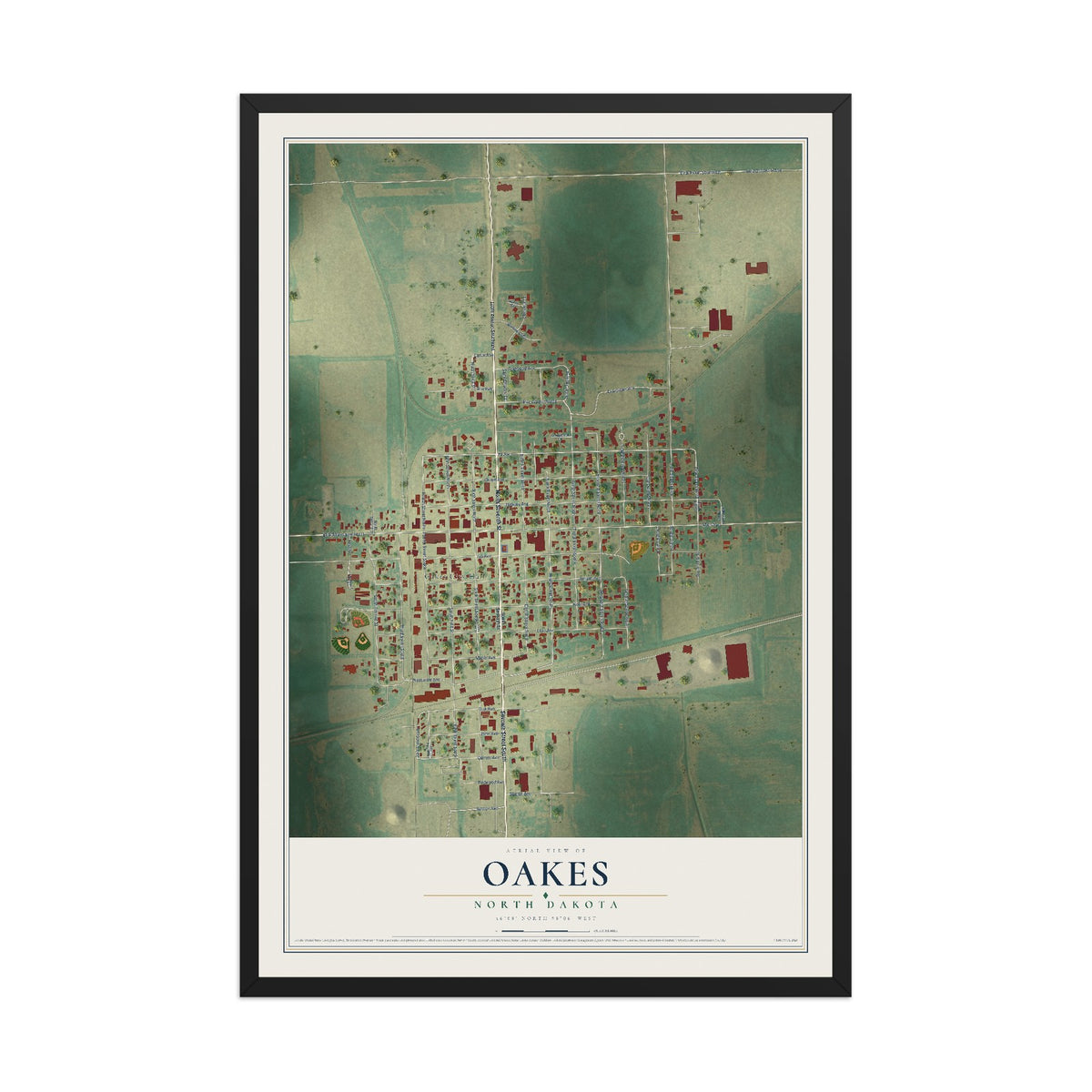 Map of Oakes, North Dakota, 12 x 18 inch print in a black wood frame
