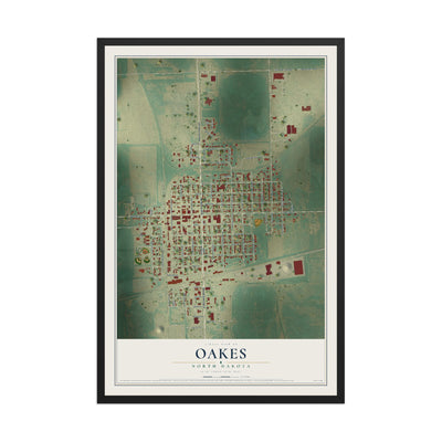 Map of Oakes, North Dakota, 12 x 18 inch print in a black wood frame