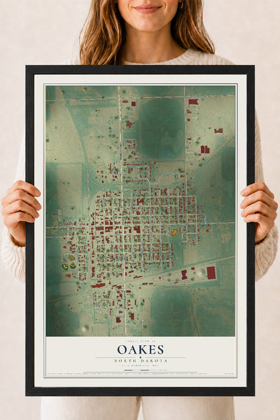 Map of Oakes, North Dakota, 18 x 24 inch print in a black wood frame