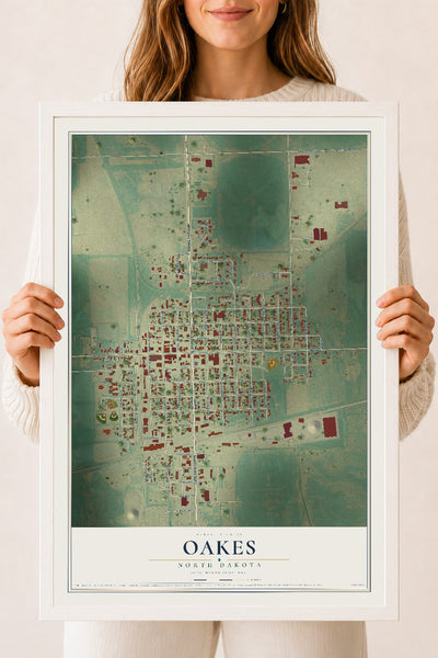 Map of Oakes, North Dakota, 18 x 24 inch print in a white wood frame
