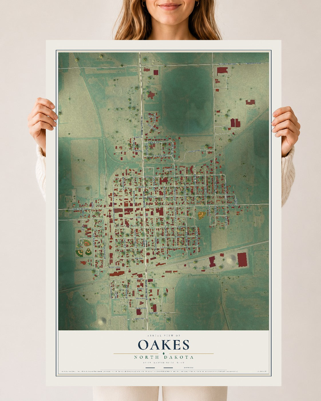 Map of Oakes, North Dakota, 24 x 36 inch unframed archival matte print