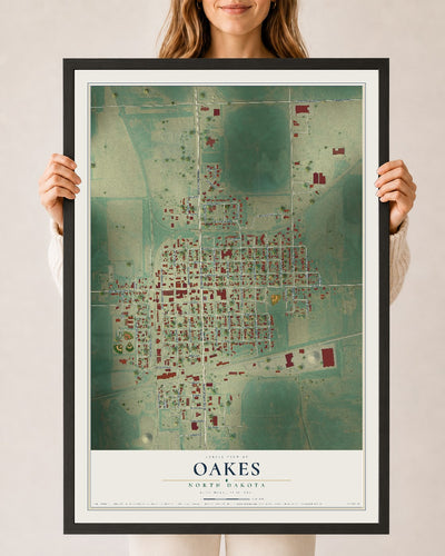 Map of Oakes, North Dakota, 24 x 36 inch print in a black wood frame