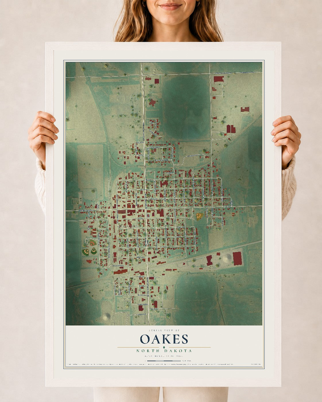 Map of Oakes, North Dakota, 24 x 36 inch print in a white wood frame