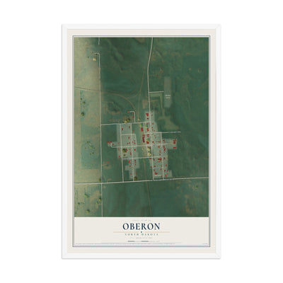 Map of Oberon, North Dakota, 12 x 18 inch print in a white wood frame