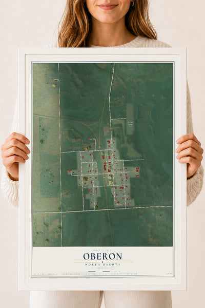 Map of Oberon, North Dakota, 18 x 24 inch print in a white wood frame