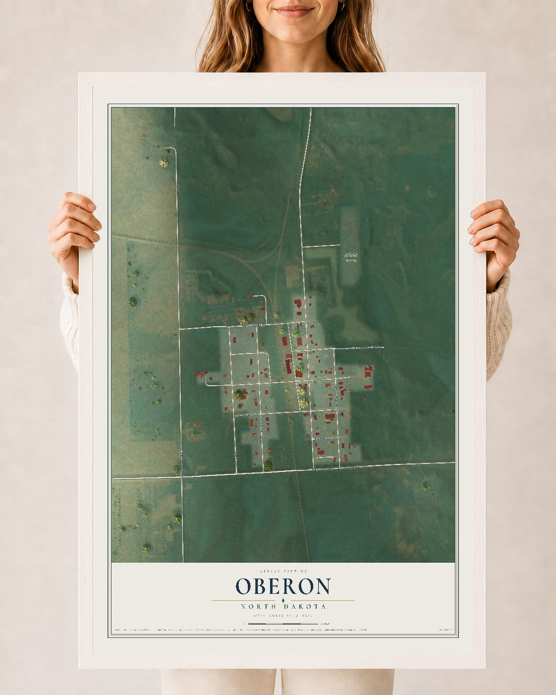 Map of Oberon, North Dakota, 24 x 36 inch print in a white wood frame