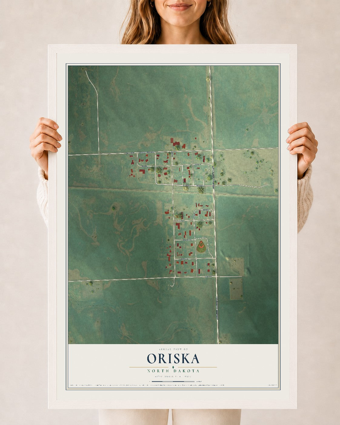 Map of Oriska, North Dakota, 24 x 36 inch print in a white wood frame
