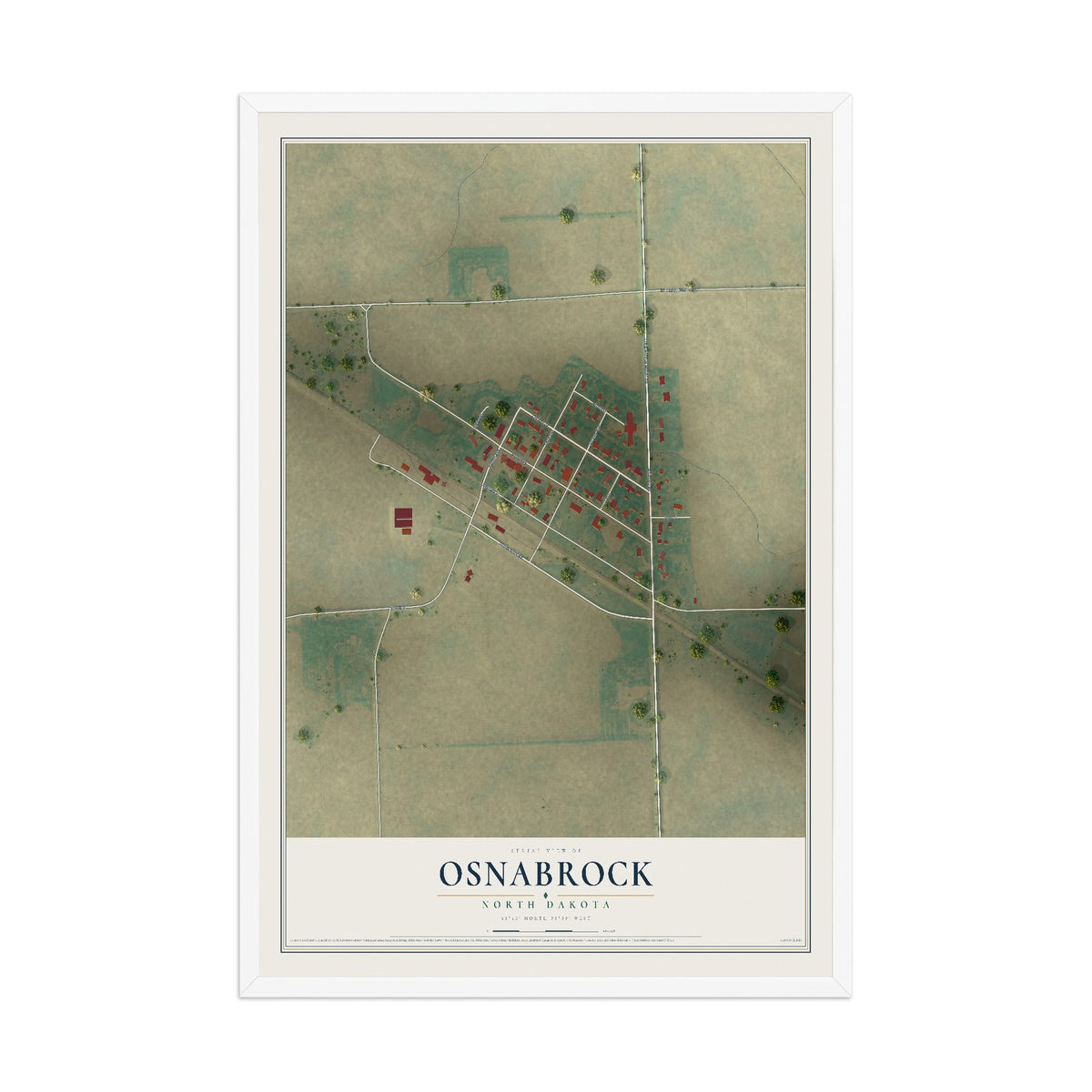 Map of Osnabrock, North Dakota, 12 x 18 inch print in a white wood frame