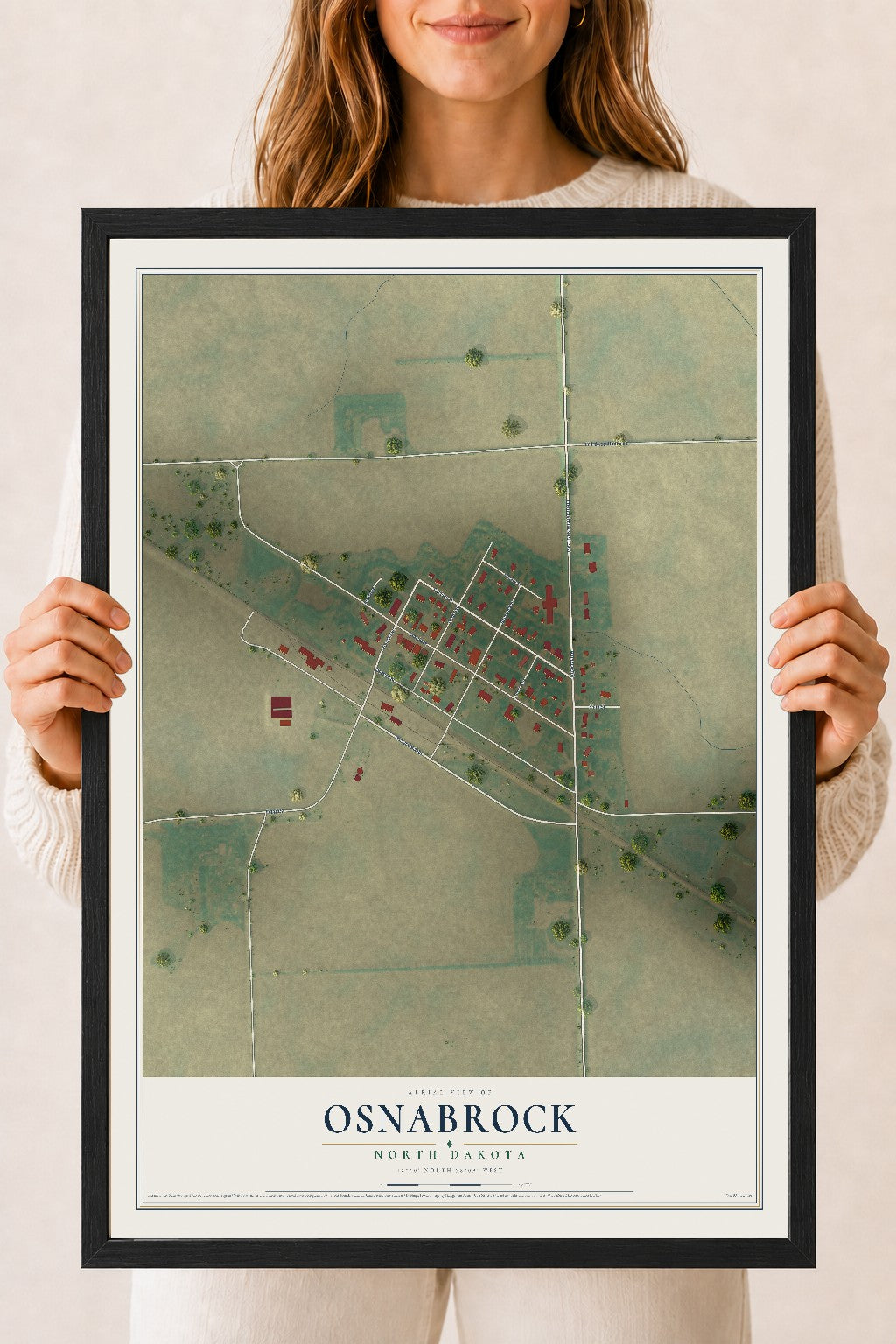 Map of Osnabrock, North Dakota, 18 x 24 inch print in a black wood frame
