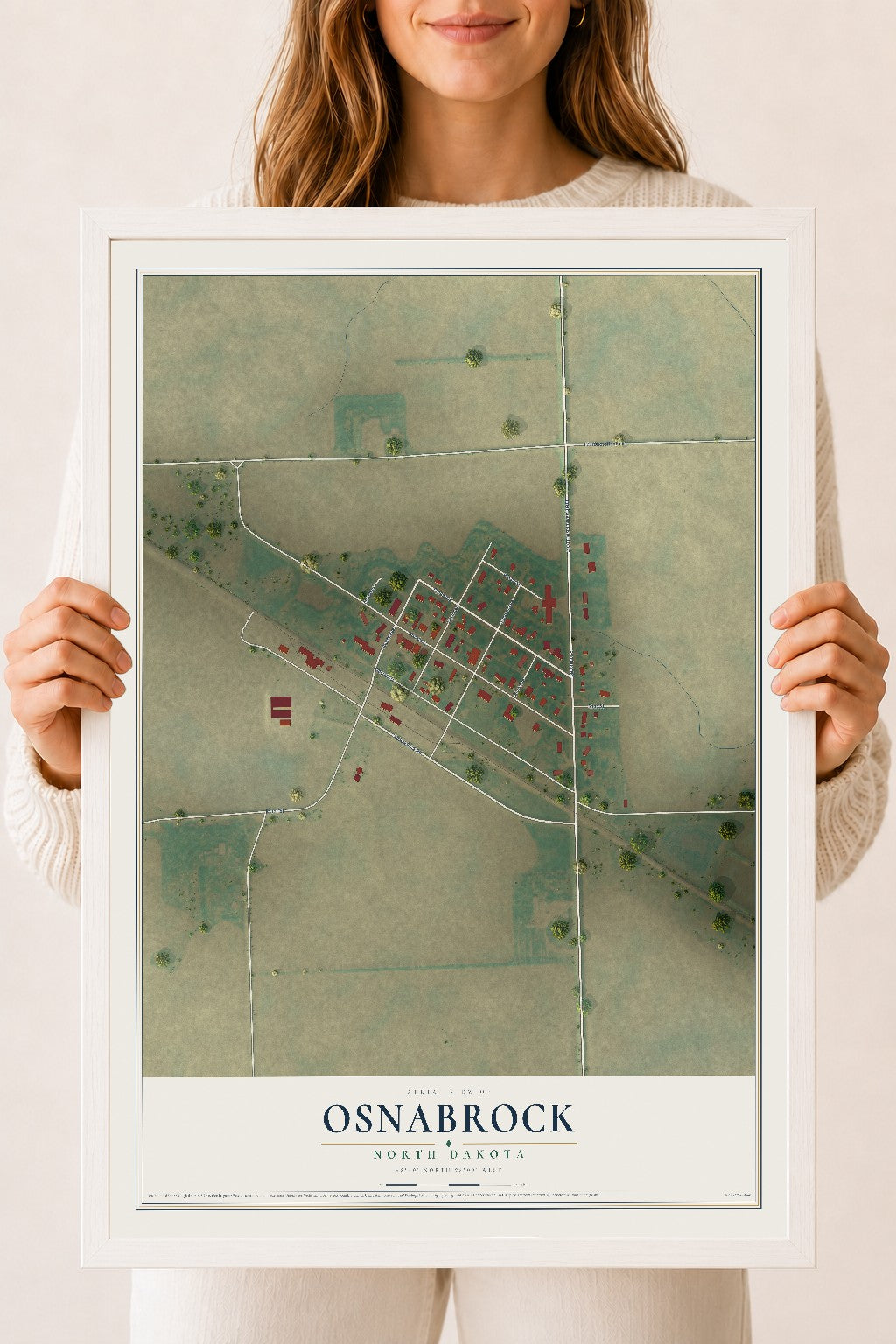 Map of Osnabrock, North Dakota, 18 x 24 inch print in a white wood frame