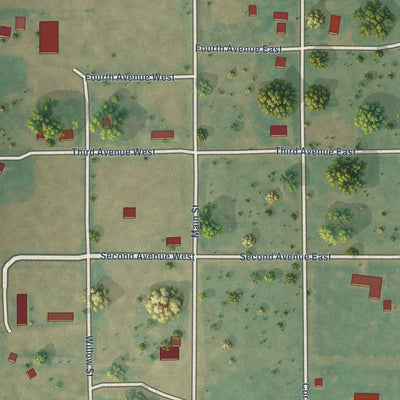 Close-up of the map of Overly, North Dakota print showing street and building detail