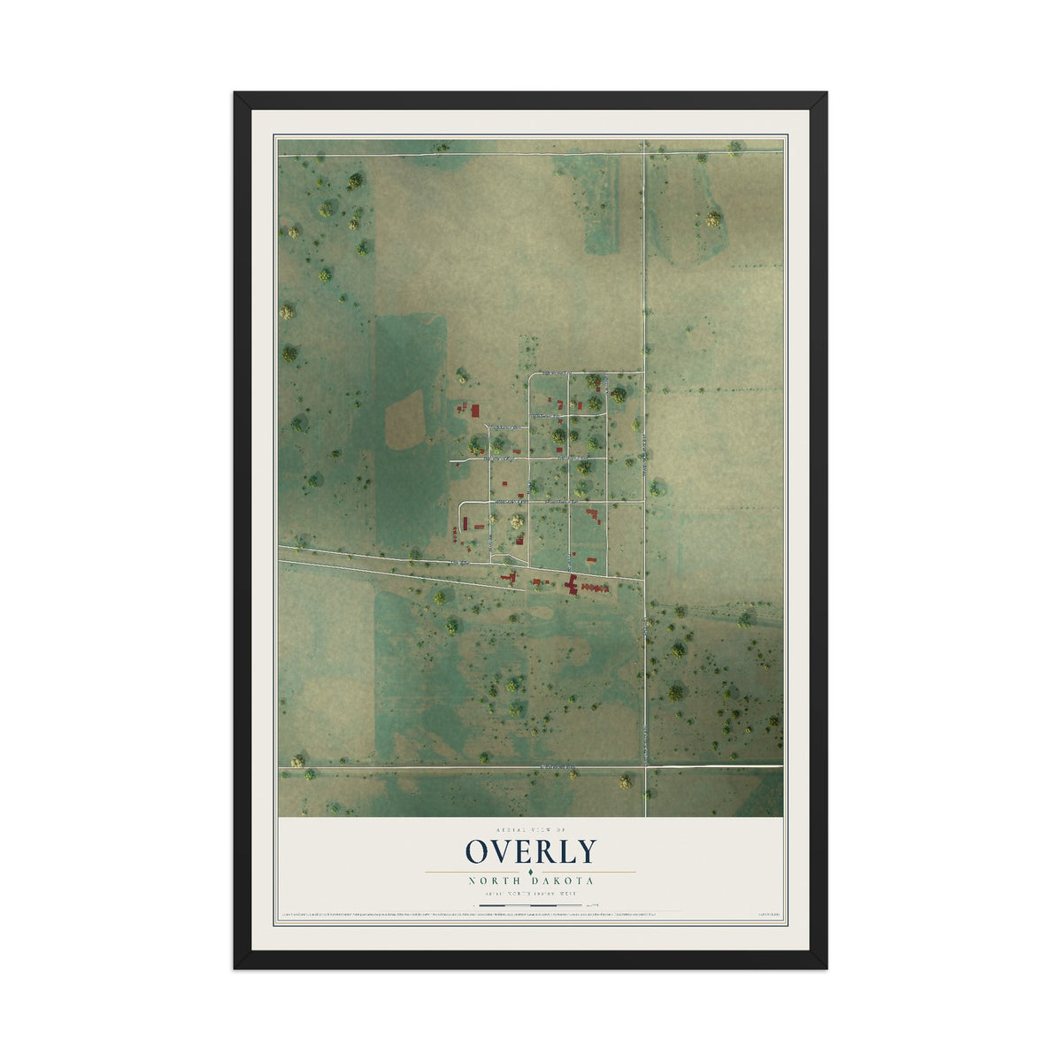 Map of Overly, North Dakota, 12 x 18 inch print in a black wood frame