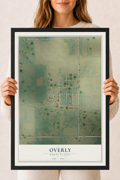 Map of Overly, North Dakota, 18 x 24 inch print in a black wood frame
