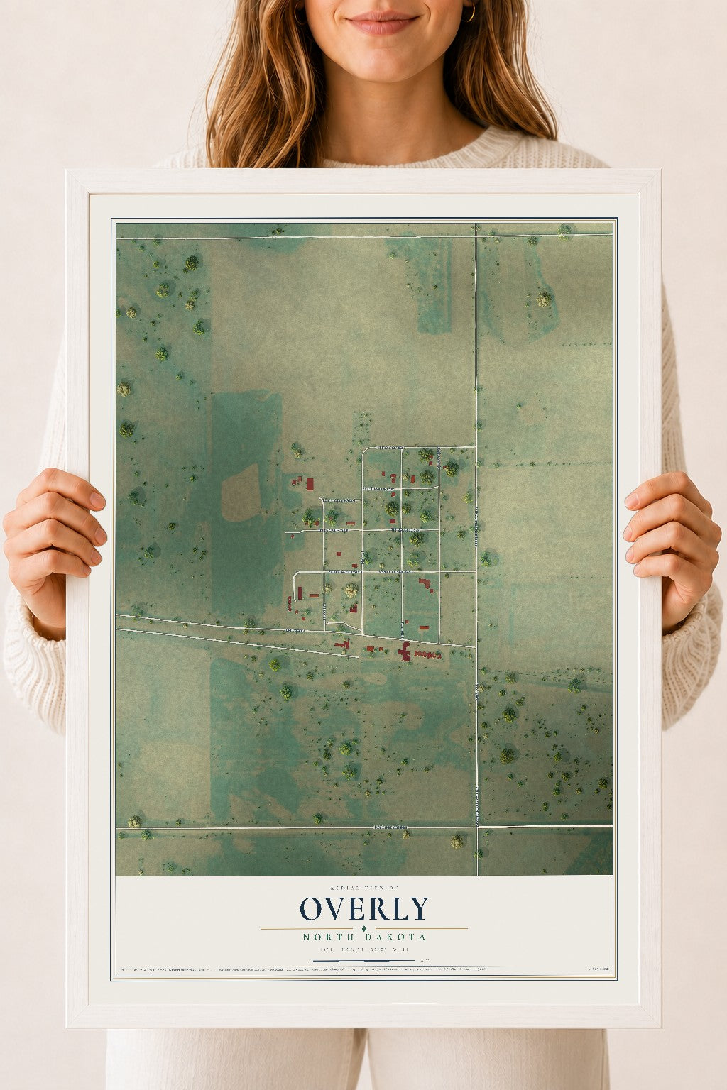 Map of Overly, North Dakota, 18 x 24 inch print in a white wood frame