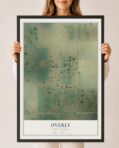 Map of Overly, North Dakota, 24 x 36 inch print in a black wood frame