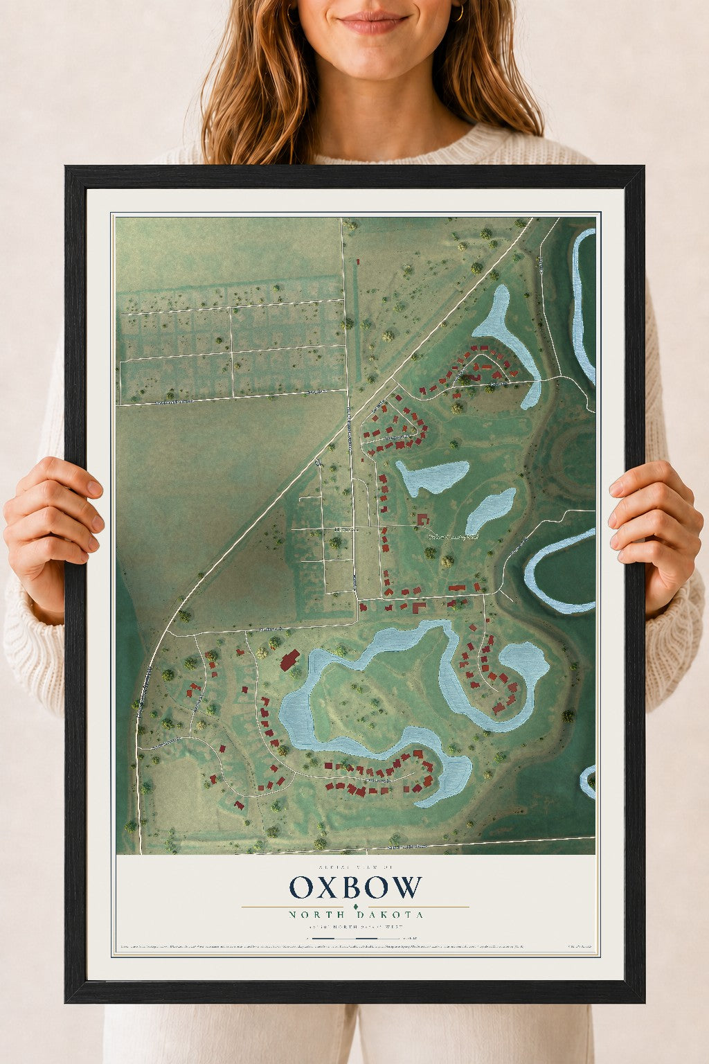 Map of Oxbow, North Dakota, 18 x 24 inch print in a black wood frame