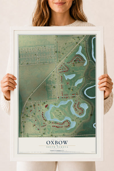 Map of Oxbow, North Dakota, 18 x 24 inch print in a white wood frame