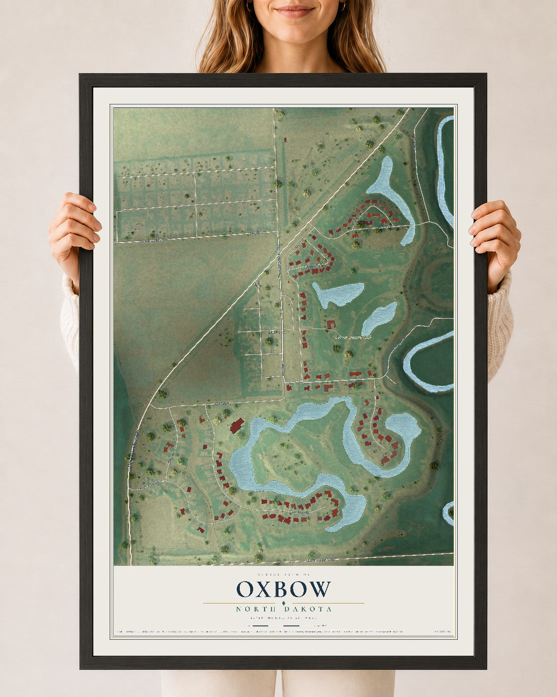 Map of Oxbow, North Dakota, 24 x 36 inch print in a black wood frame