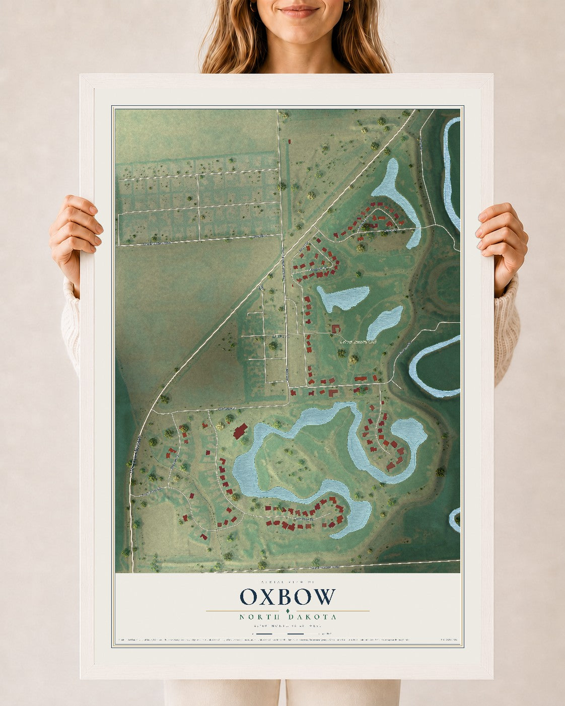 Map of Oxbow, North Dakota, 24 x 36 inch print in a white wood frame