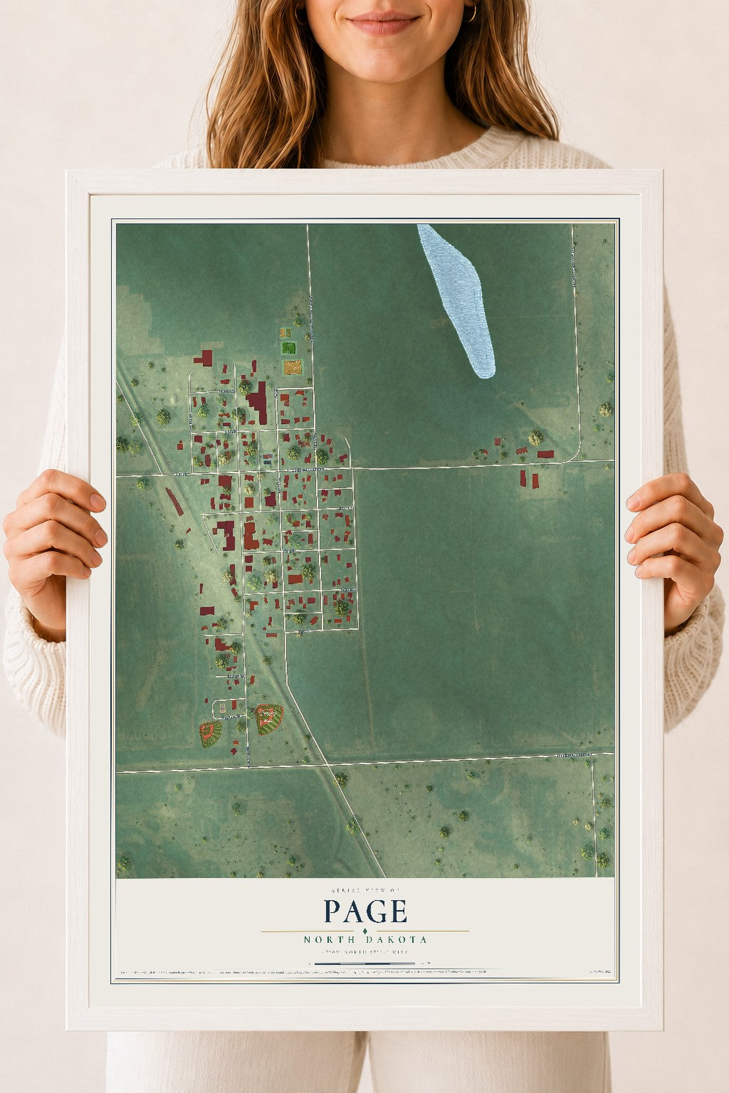 Map of Page, North Dakota, 18 x 24 inch print in a white wood frame