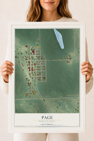 Map of Page, North Dakota, 18 x 24 inch print in a white wood frame