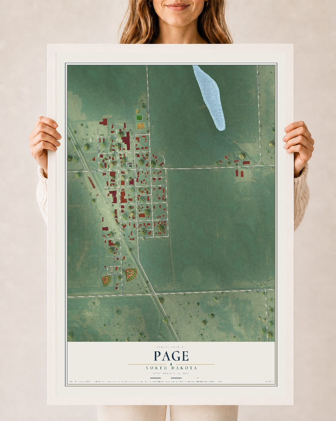 Map of Page, North Dakota, 24 x 36 inch print in a white wood frame
