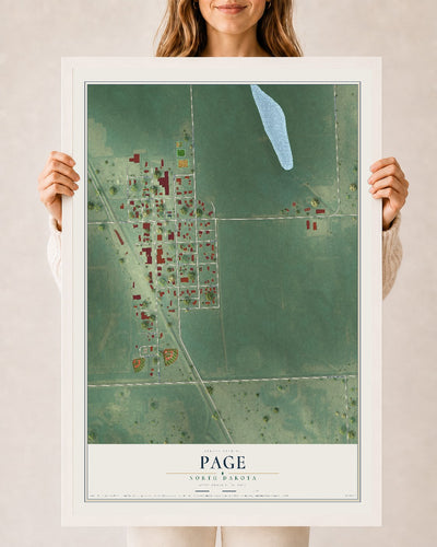 Map of Page, North Dakota, 24 x 36 inch print in a white wood frame