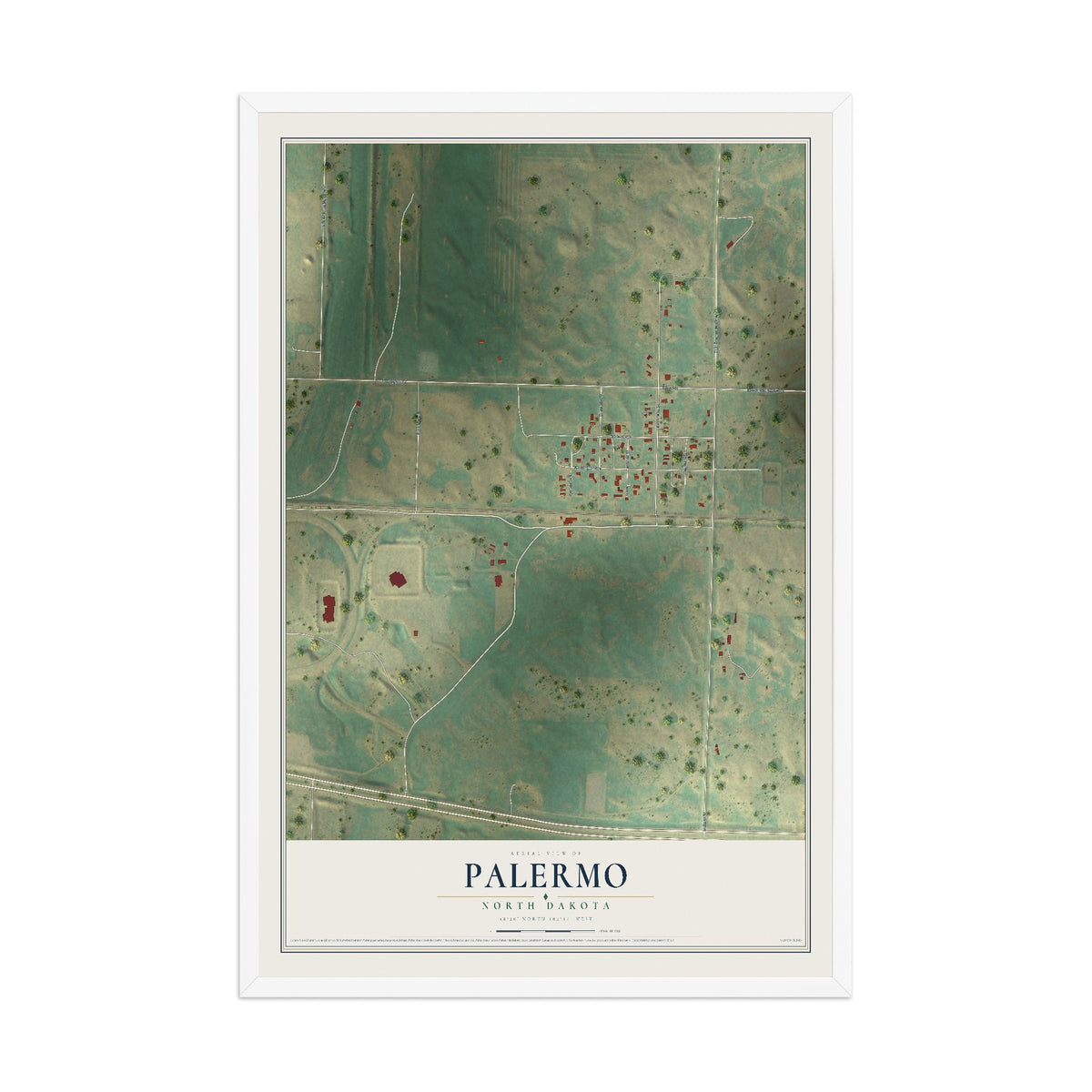 Map of Palermo, North Dakota, 12 x 18 inch print in a white wood frame