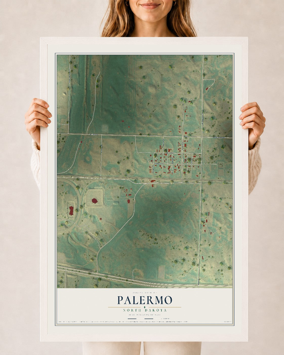 Map of Palermo, North Dakota, 24 x 36 inch print in a white wood frame