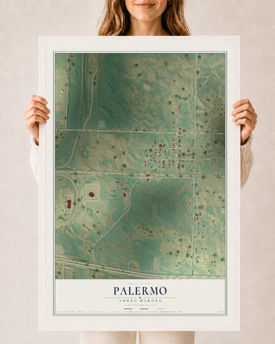 Map of Palermo, North Dakota, 24 x 36 inch print in a white wood frame