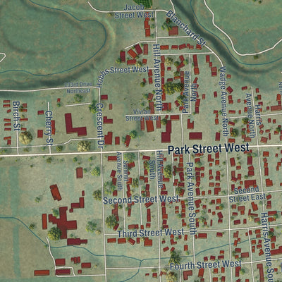 Close-up of the map of Park River, North Dakota print showing street and building detail