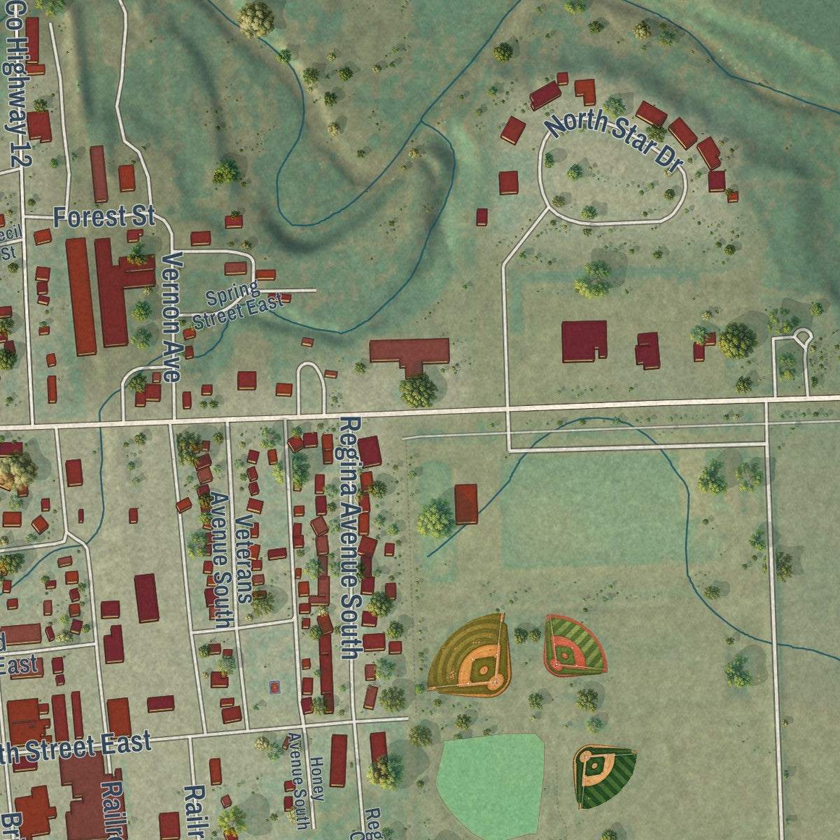 Second close-up of the map of Park River, North Dakota print showing more streets and buildings