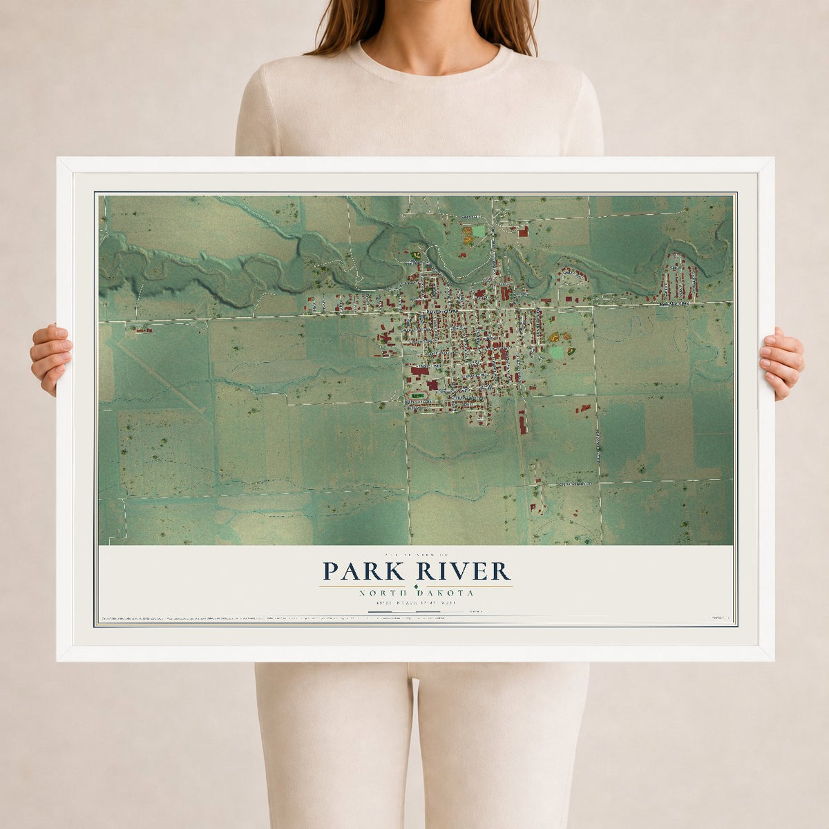 Map of Park River, North Dakota, 24 x 36 inch print in a white wood frame