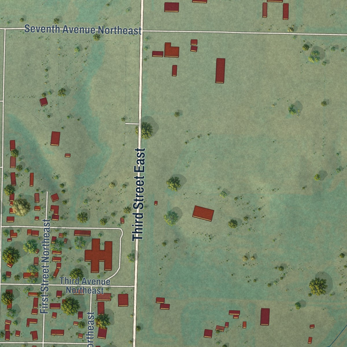 Second close-up of the map of Parshall, North Dakota print showing more streets and buildings