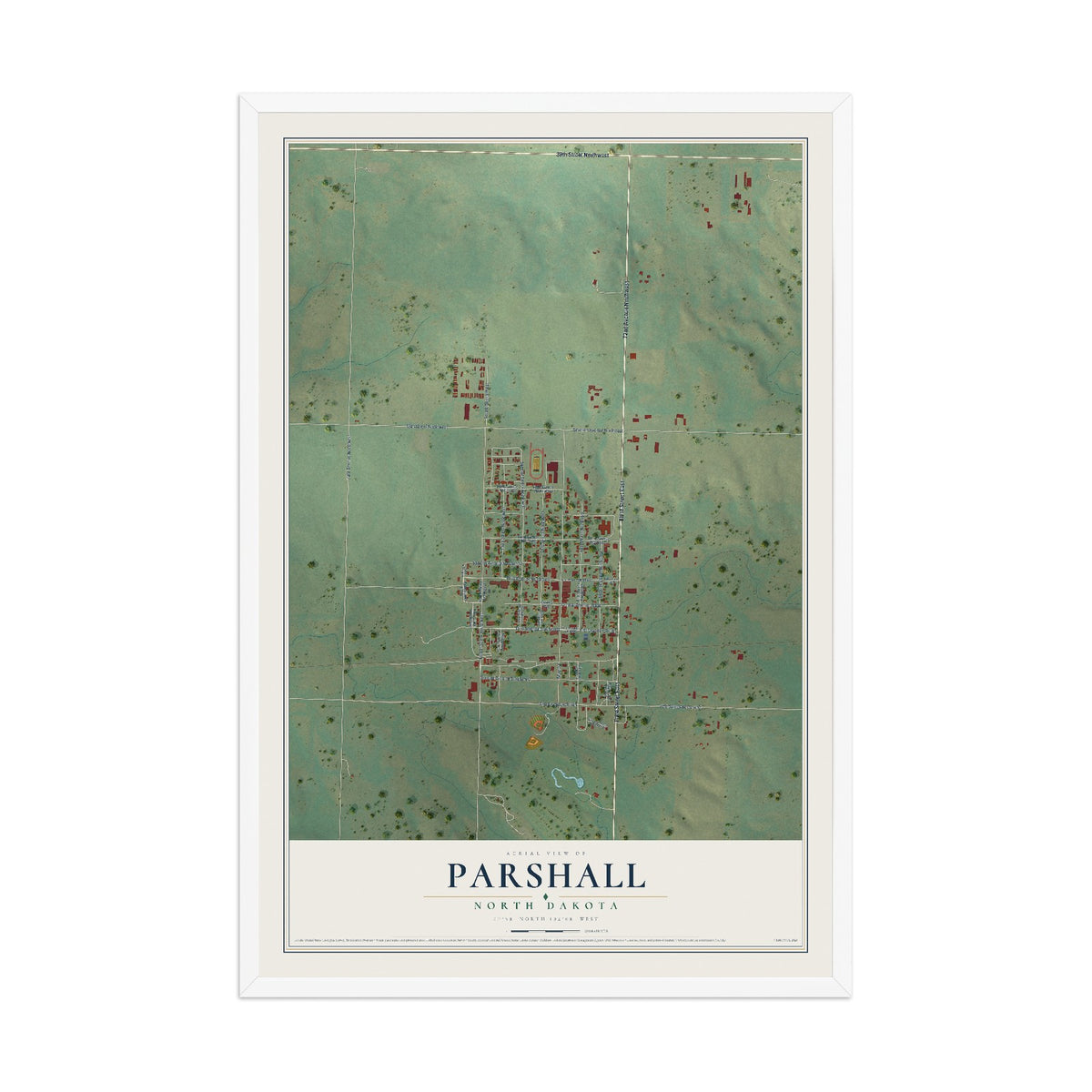 Map of Parshall, North Dakota, 12 x 18 inch print in a white wood frame