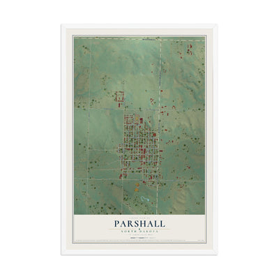 Map of Parshall, North Dakota, 12 x 18 inch print in a white wood frame