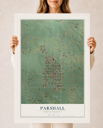 Map of Parshall, North Dakota, 24 x 36 inch print in a white wood frame