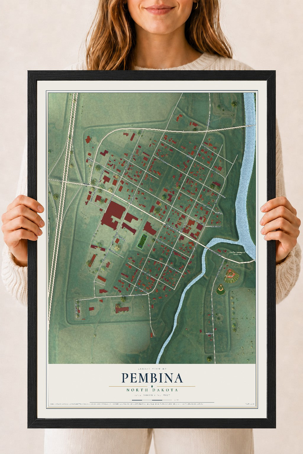 Map of Pembina, North Dakota, 18 x 24 inch print in a black wood frame