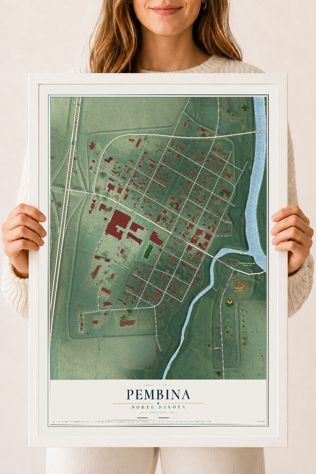 Map of Pembina, North Dakota, 18 x 24 inch print in a white wood frame