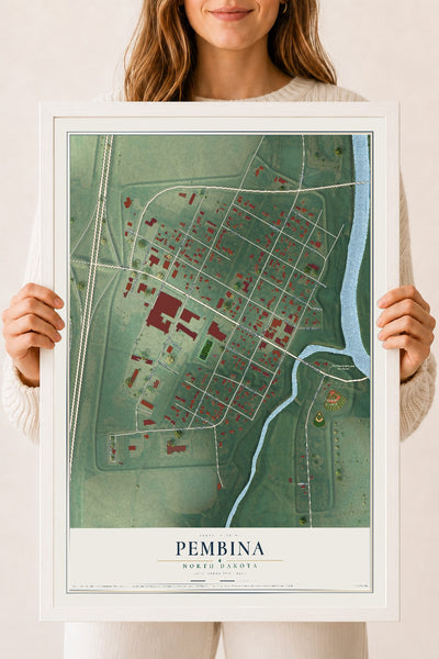 Map of Pembina, North Dakota, 18 x 24 inch print in a white wood frame