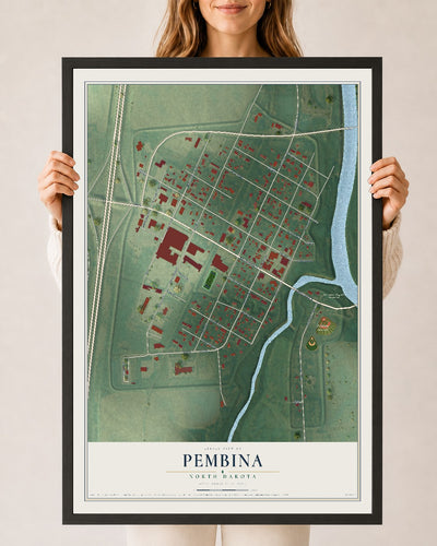Map of Pembina, North Dakota, 24 x 36 inch print in a black wood frame