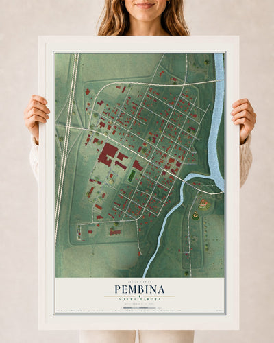 Map of Pembina, North Dakota, 24 x 36 inch print in a white wood frame